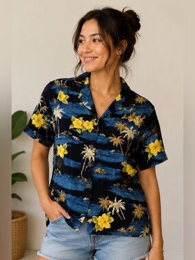 Y2K Caribbean Joe Hawaiian Shirt | Tropical Rayon Button Front Top | Size Large